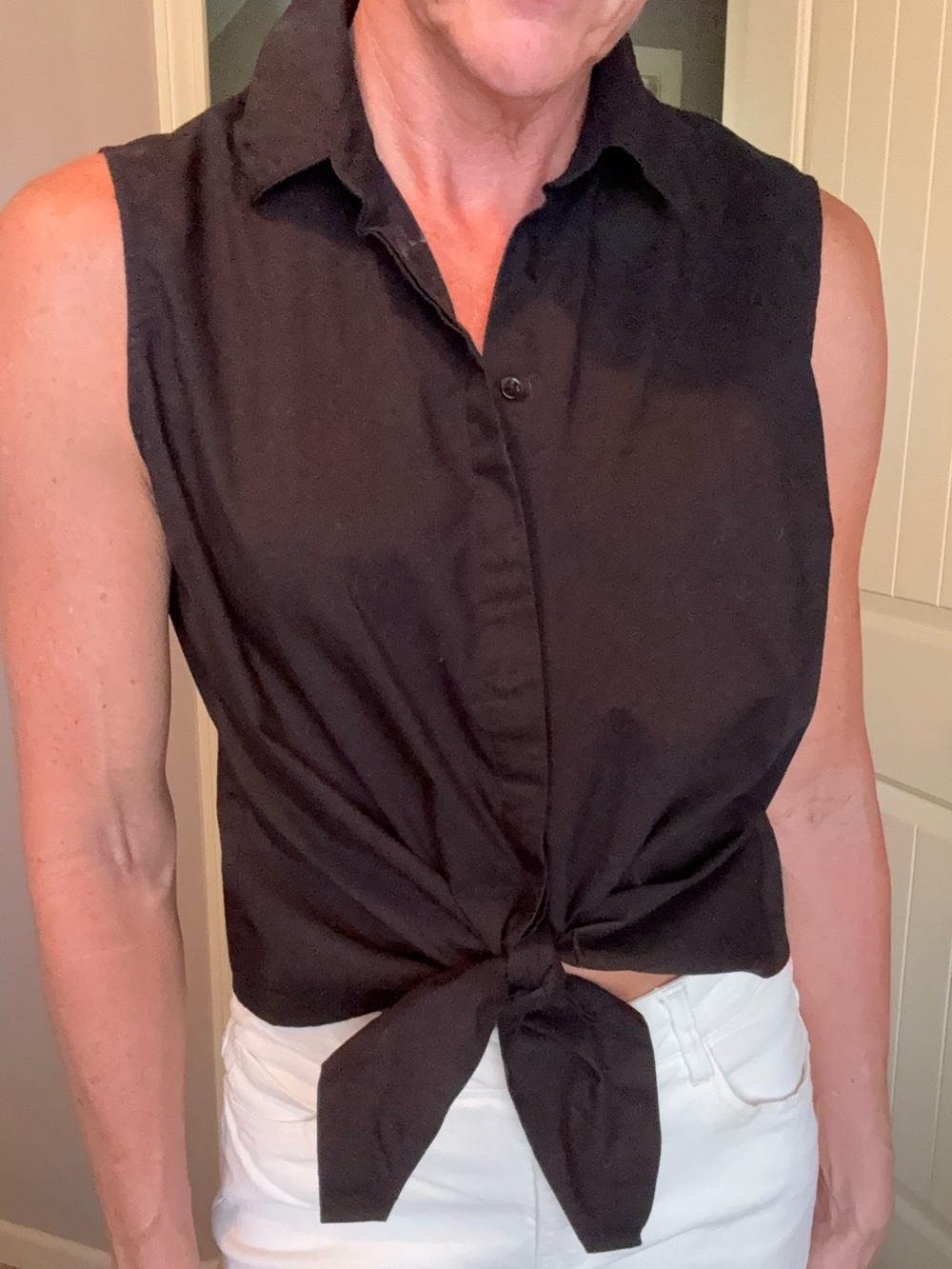 Sleeveless Tie-Front Black Button-Up Top